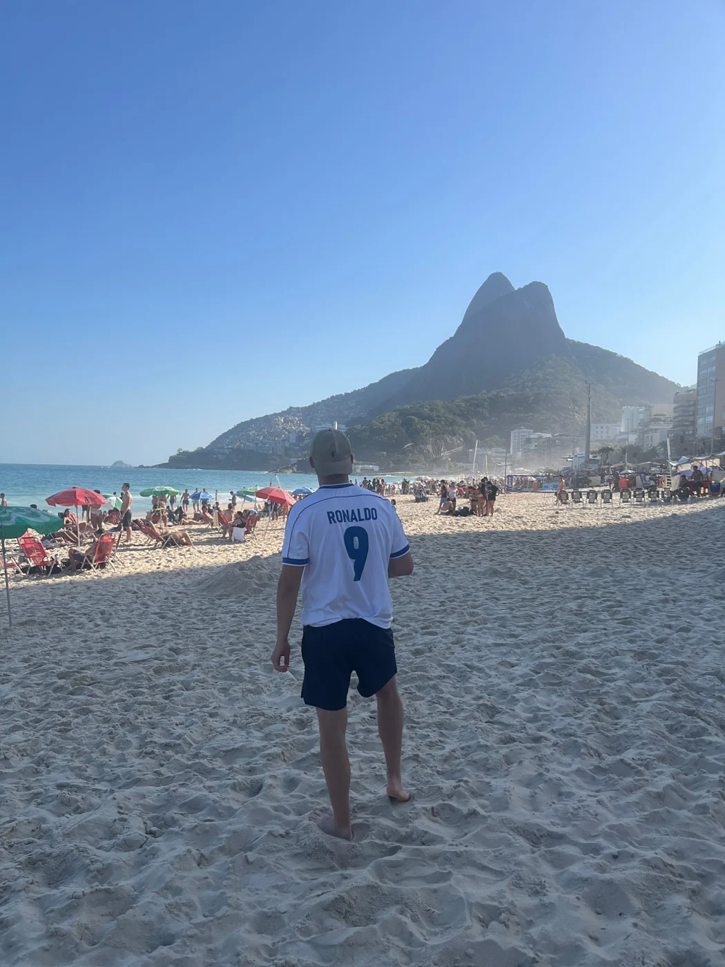 Tom on Ipanema beach, Rio de Janeiro, in a Ronaldo 9 shirt